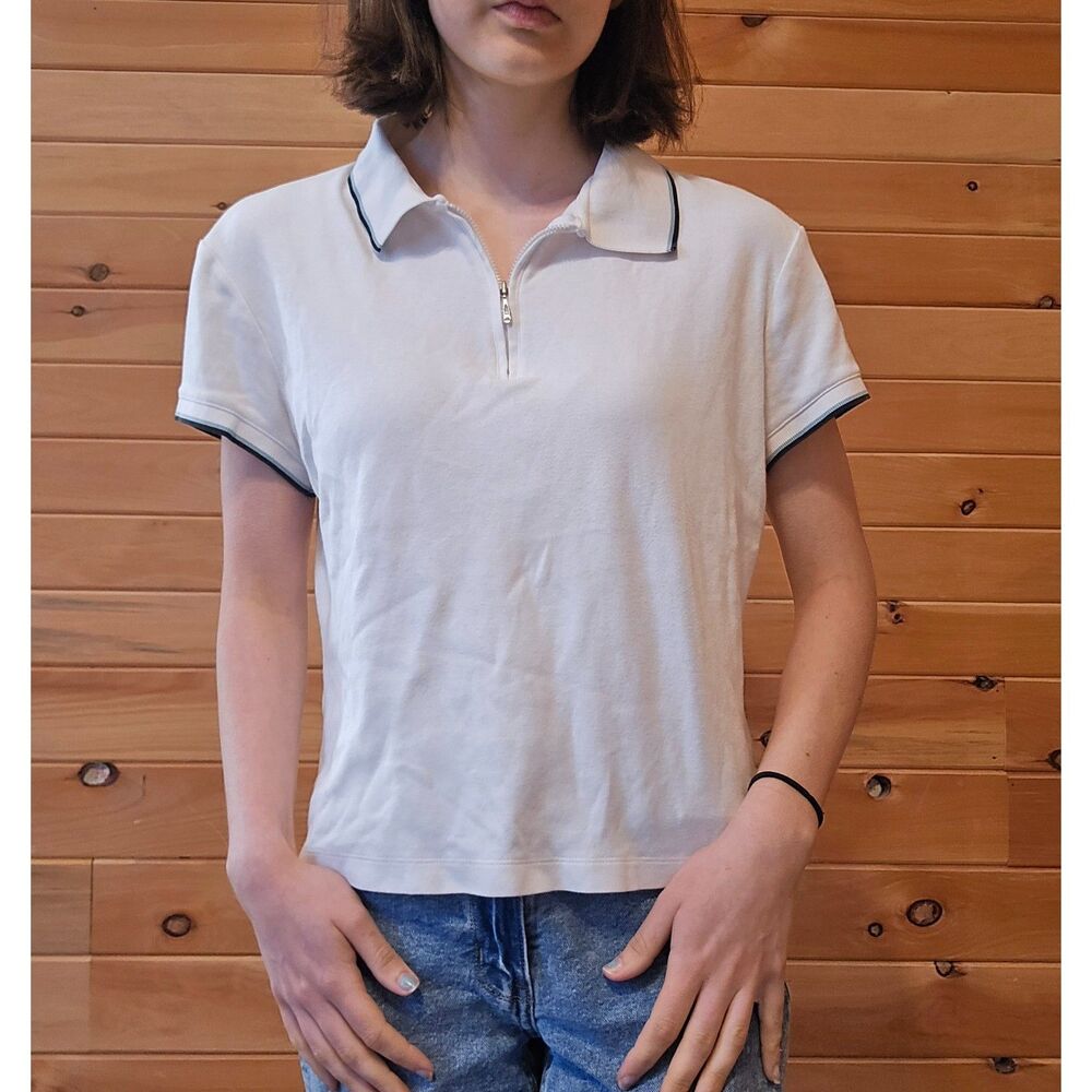 Women's Vintage 90s Quarter Zip Preppy Academia White Top Large